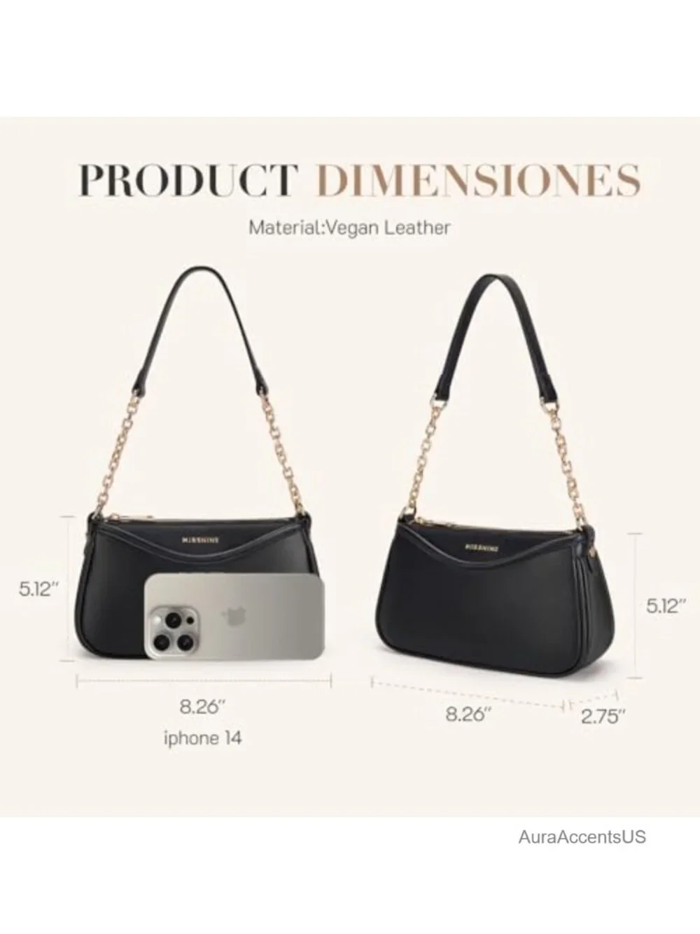 Faux Leather Vegan Hobo Shoulder Bag with Chain Strap, 3-Compartment Purse